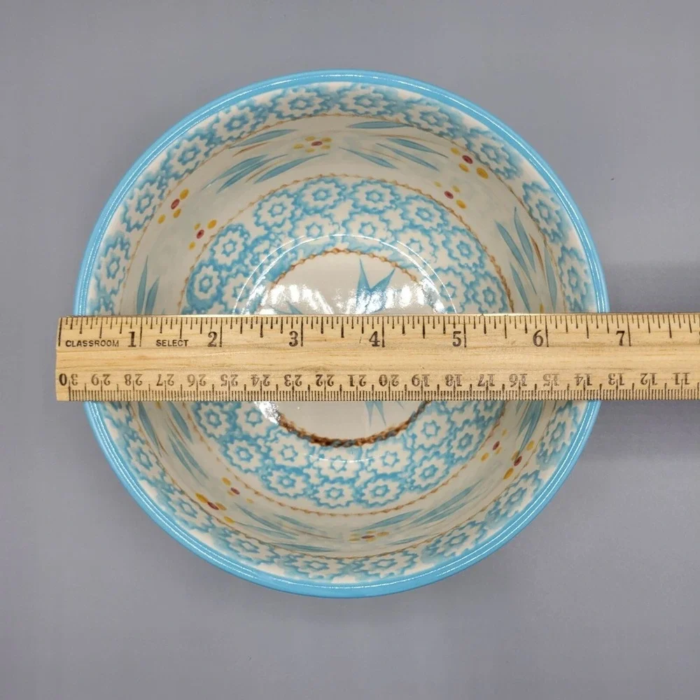 TempTations Old World 16 Oz Hand Painted Ceramic Bowl Blue & Yellow 6.75